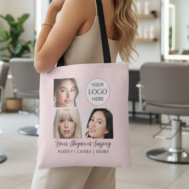 Tote Bag Blush Pink Script Logo Photo Makeup Studio (elegant blush pink script logo 3 photo customer swag bag for makeup beauty salon loyalty gift promo)