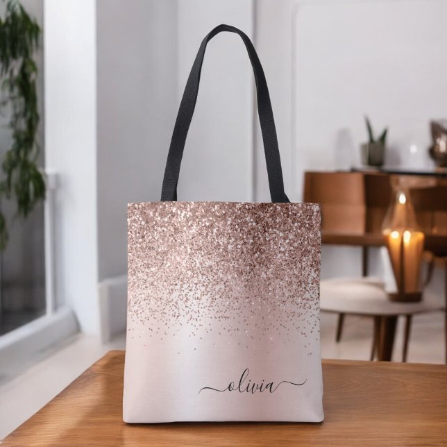 Tote Bag Blush Rose Gold Pailleté Monogramme Élégant (Créateur téléchargé)