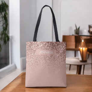 Tote Bag Blush Rose Gold Paillettes et Étincelles Monogramm