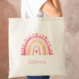 Tote Bag Boho Aquarelle arc-en-ciel en rose personnalisée