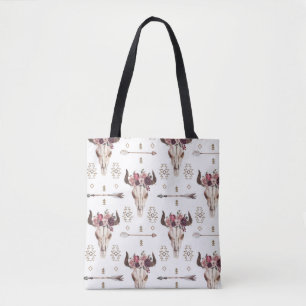 Tote Bag Boho aquarelle : flèches, motif crâne.
