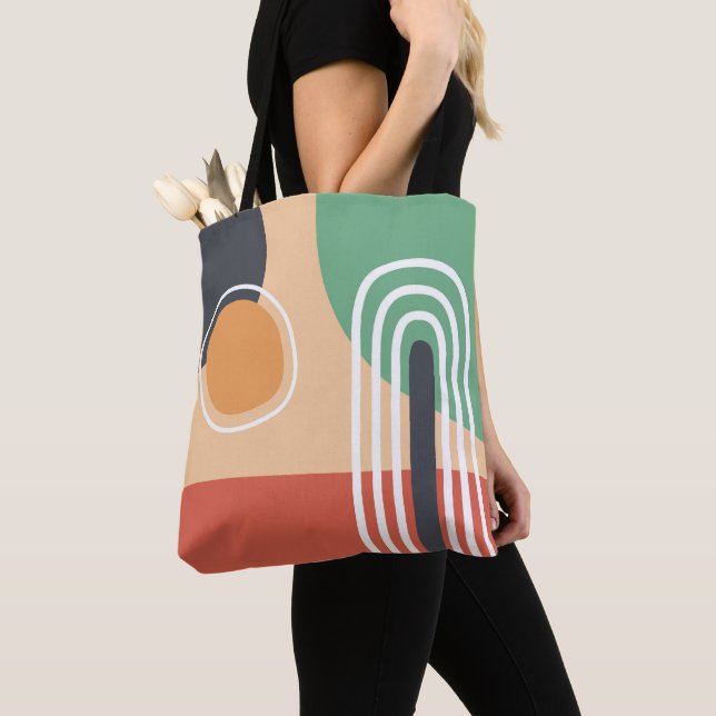 Tote Bag Boho arc-en-ciel abstraite ligne art couleurs rétr (De près)
