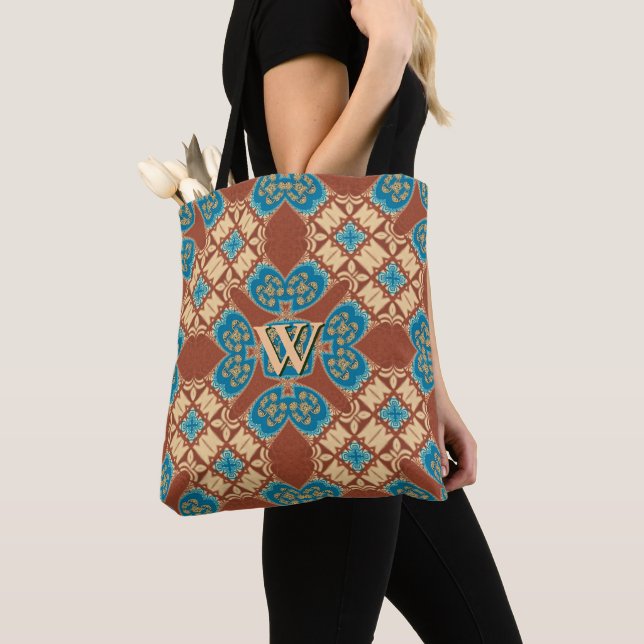 Tote Bag Boho Batik Cool Terre Bleu Motif Brown Monogramme (De près)