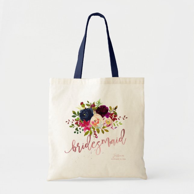 Tote Bag Boho Bourgogne Aquarelle Fleurs Bridesmaid Cadeau (Devant)