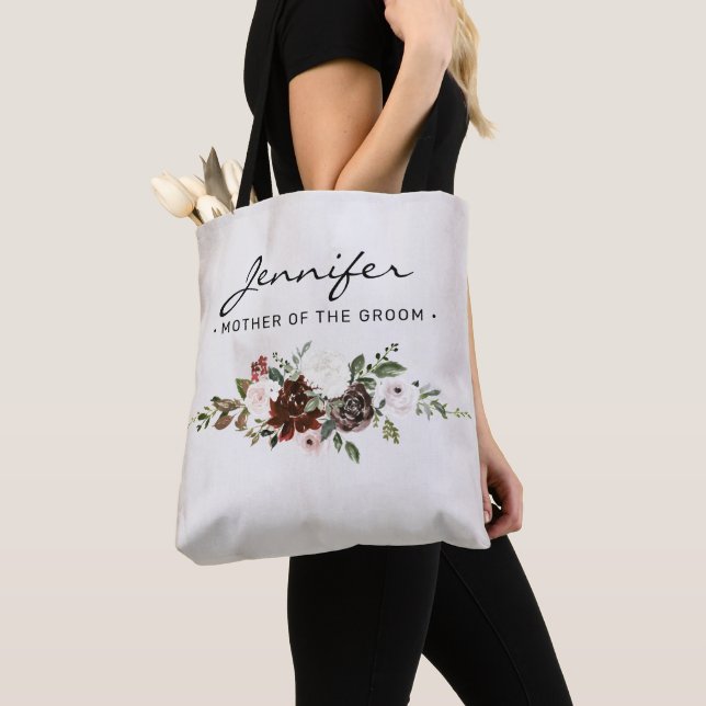 Tote Bag Boho Bourgogne rose floral Script Mère de la chamb (De près)