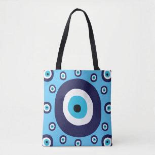 Tote Bag Boho Chic Lucky Grec Eye bleu et blanc