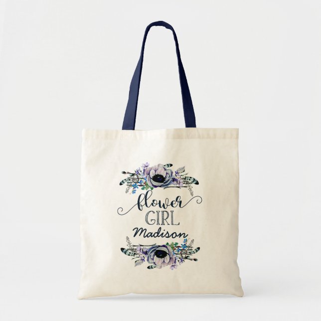 Tote Bag Boho Chic Mint & Navy Floral Mariage Flower Girl (Devant)