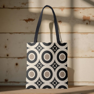 Tote Bag Boho Chic noir et beige Motif géométrique
