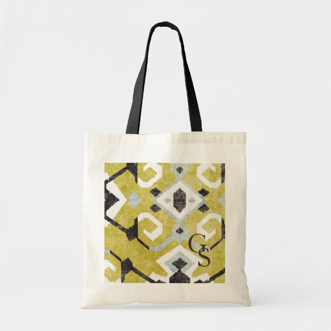 Tote Bag Boho chic noir et jaune ikat motif tribal (Devant)