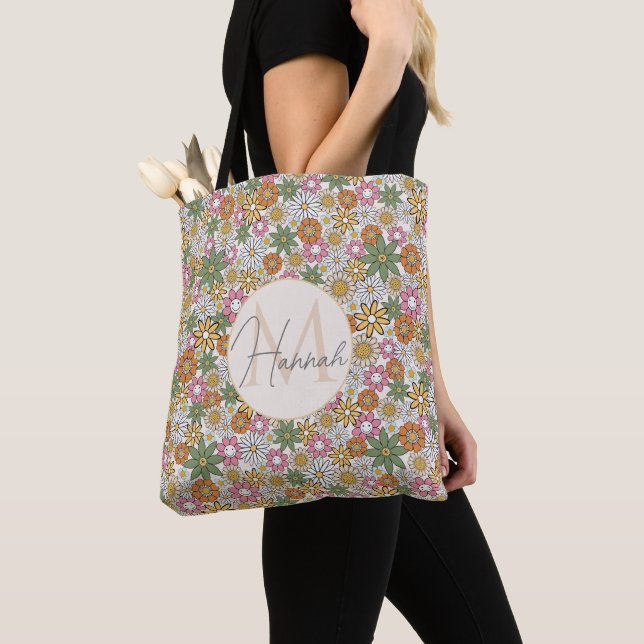 Tote Bag Boho Daisy Flowers les années 70 Floral Super (De près)
