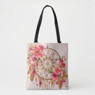 Tote Bag Boho Dreamcatcher Pink Gold Floral Aquarelle