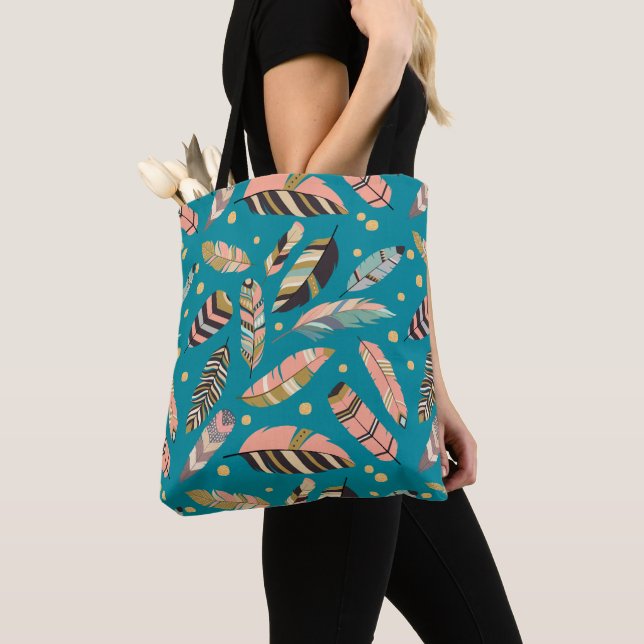 Tote Bag Boho Feathon sur Motif Turquoise (De près)