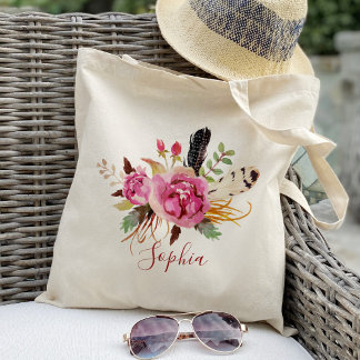 Tote Bag Boho floral et plume Demoiselles d'honneur Personn