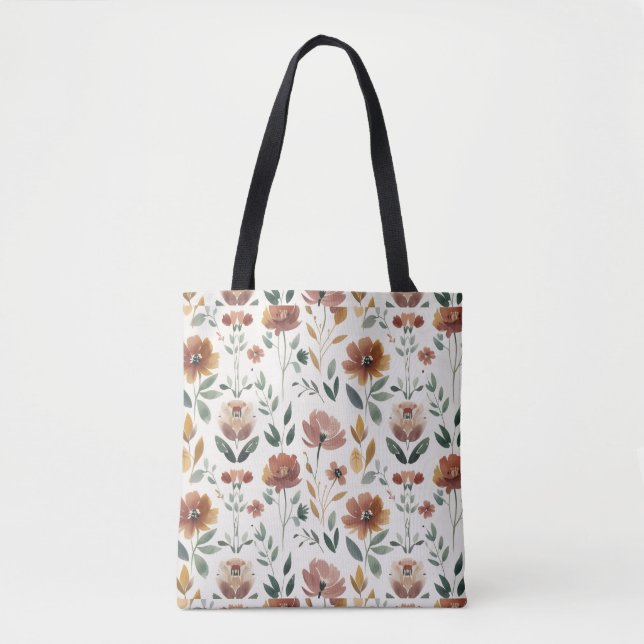 Tote Bag Boho Floral Geometry – Earthy Wildflower Pattern (Devant)