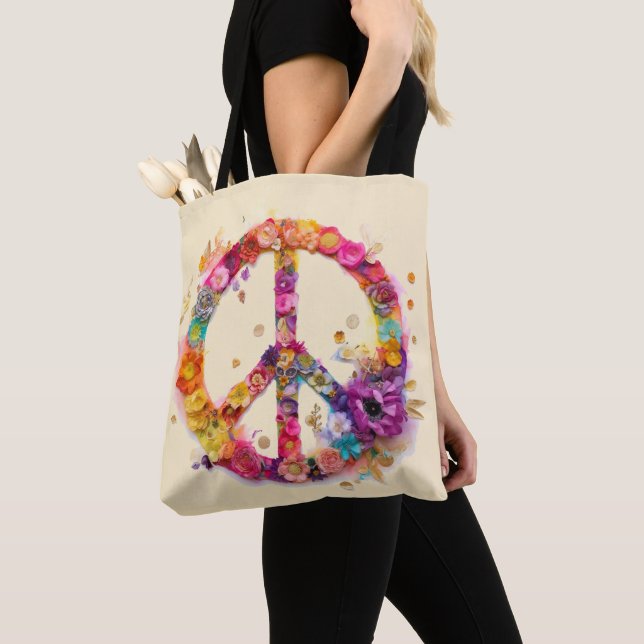 Tote Bag Boho Hippy 60s 70s Peace Sign (De près)