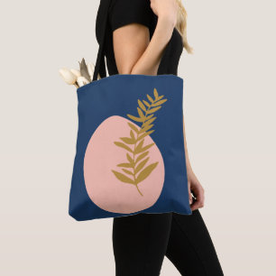 Tote Bag Boho Moderne Abstrait Botanique Art Rose Bleu Or