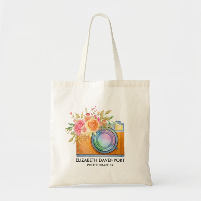 Tote Bag Boho Orange Caméra & Bouquet Floral Aquarelle (Devant)
