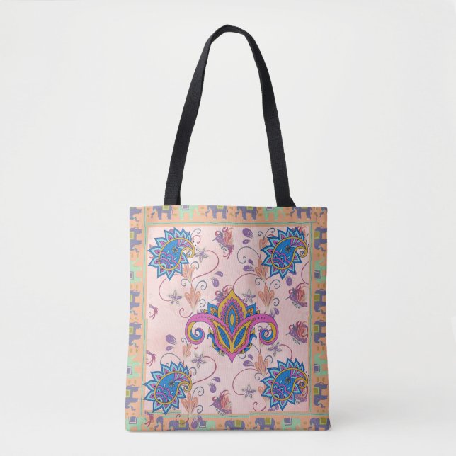 Tote Bag Boho paisley and elephant pattern_lmandala artwork (Devant)
