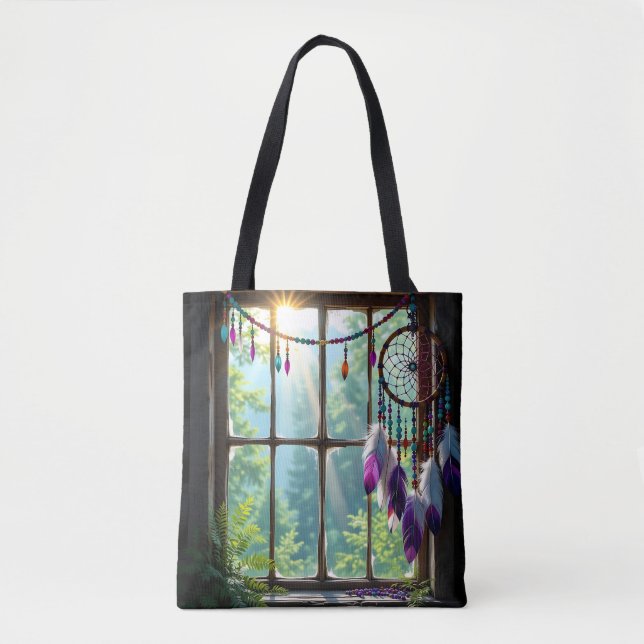 Tote Bag Boho Purple Dreamcatcher in Window (Devant)