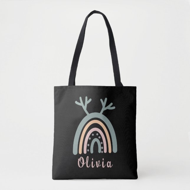 Tote Bag Boho Rainbow Cute Avec Nom Personnalisé (Devant)