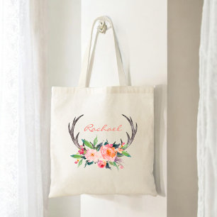 Tote Bag Boho Rustique Floral Antlers avec nom