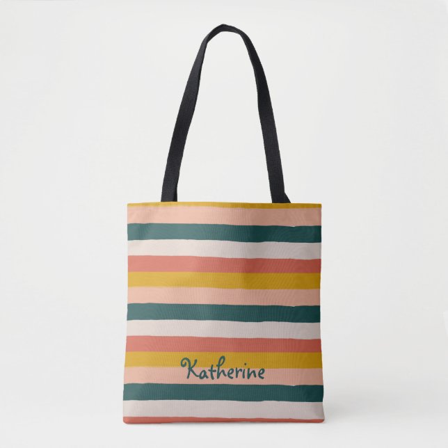 Tote Bag Boho Stripes Motif Tendance Mustard rose Saumon (Devant)