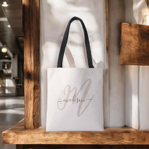 Tote Bag Boho Stylish Script Monogramme et nom en beige
