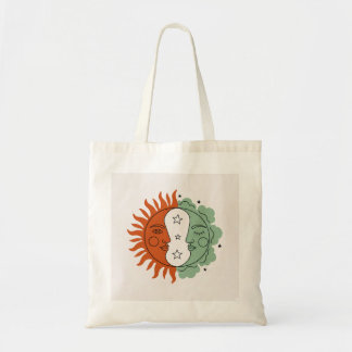 Tote Bag Boho Sun and Moon Face Terracotta Sage Green Art