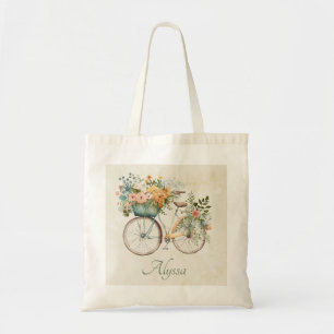 Tote Bag Boho Vélo Vintage avec Panier à fleurs Aquarelle