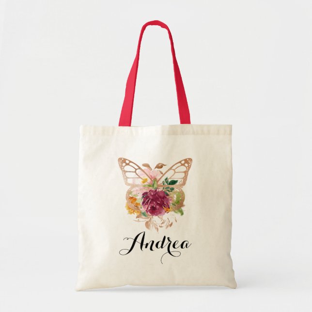 Tote Bag Boho Watercolor Papillon et fleurs Bridesmaid (Devant)