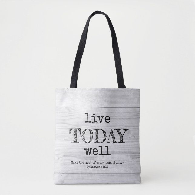 Tote Bag Bois blanc rustique VIVENT AUJOURD'HUI BIEN chréti (Devant)