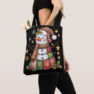 Tote Bag Bonhomme de neige en patchwork rétro Joyeux Noël C
