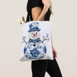 Tote Bag Bonhomme de neige floral bleu Noël d'hiver
