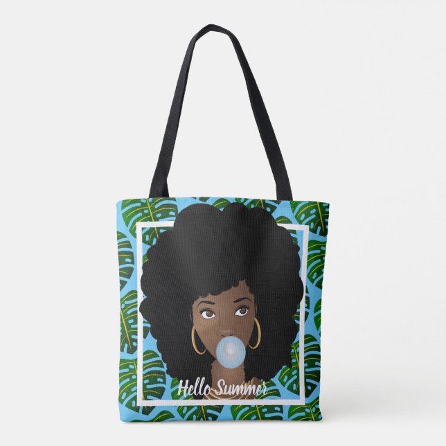 Tote Bag Bonjour été, Femme noire, Feuilles tropicaux, Bleu (Dos)