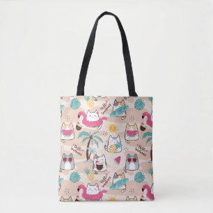 Tote Bag Bonjour Summer Beach Chat Surfer Kawaii Kitty 