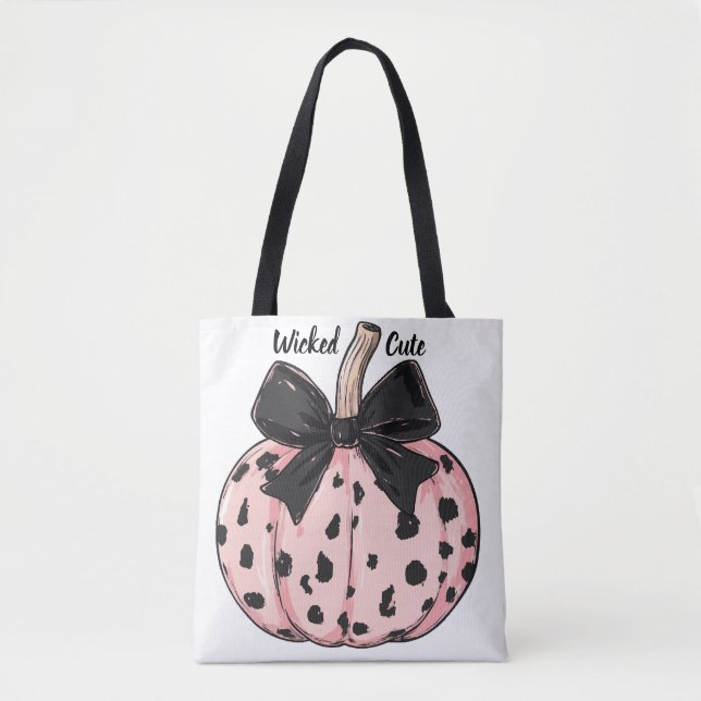 Tote Bag Bonne Halloween Citrouilles et arcs coquette rose (Devant)
