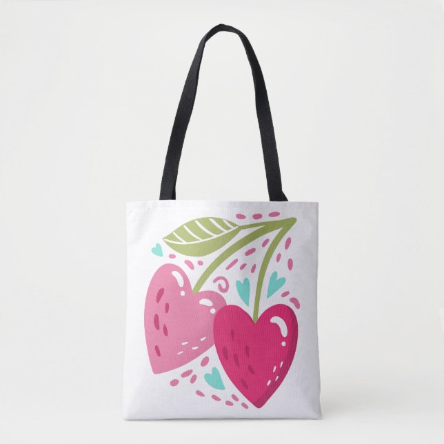 Tote Bag Bonne Saint Valentin. Cerises cardiaques (Devant)