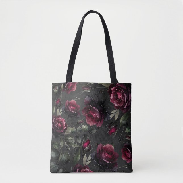 Tote Bag Bordeaux Red Roses Shadowy Grey Floral (Devant)