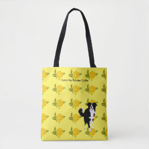 Tote Bag Border collie et roses jaunes