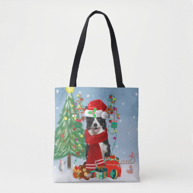 Tote Bag Bordure Collie chien dans Neige avec cadeaux de No (Devant)