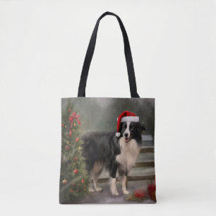 Tote Bag Bordure Collie Chien dans neige Noël
