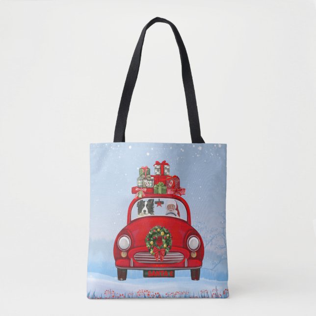 Tote Bag Bordure Collie Chien En Voiture Avec Le Père Noël (Devant)