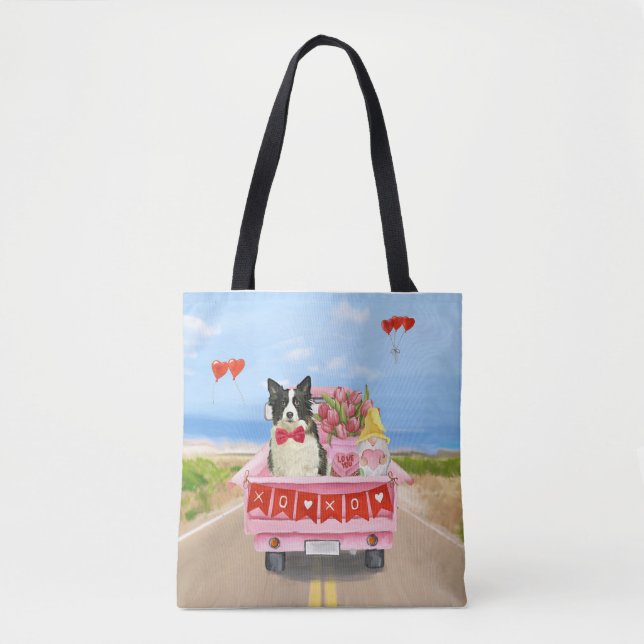 Tote Bag Bordure Collie Chien Saint Valentin Coeurs de cami (Devant)