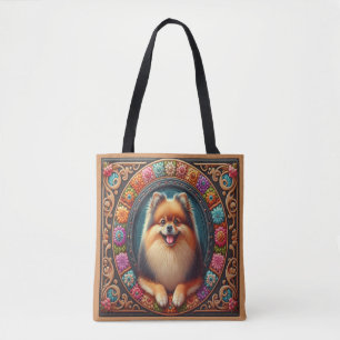 Tote Bag Bordure colorée florale de chien de Poméranie élég