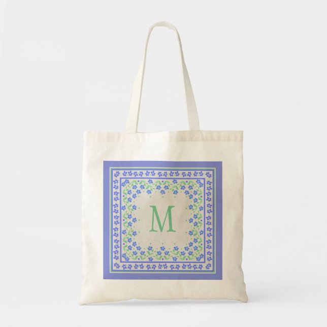 Tote Bag Bordure de Carré floral relativement bleu vert (Devant)