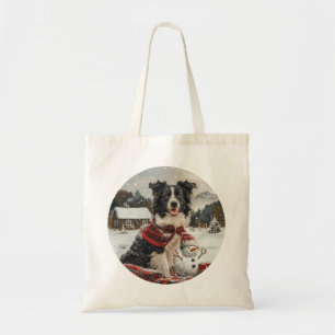Tote Bag Bordure de Noël Collie Chien Snowman