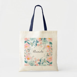 Tote Bag Bordure florale rose et verte