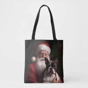 Tote Bag Boston Terrier avec Noël Festif du Père Noël
