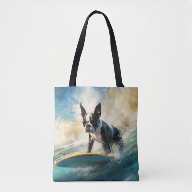 Tote Bag Boston Terrier Beach Surfing Peinture (Devant)