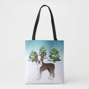 Tote Bag Boston Terrier bringé dans une forêt hivernale